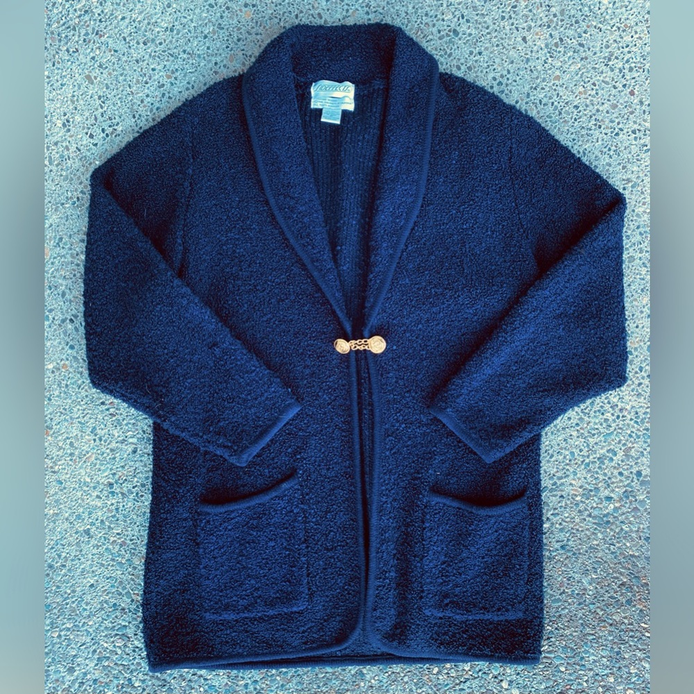 VTG 1995 90s Sideffects of CA Navy Blue Cardigan Sweater W Collar Gold Buttons